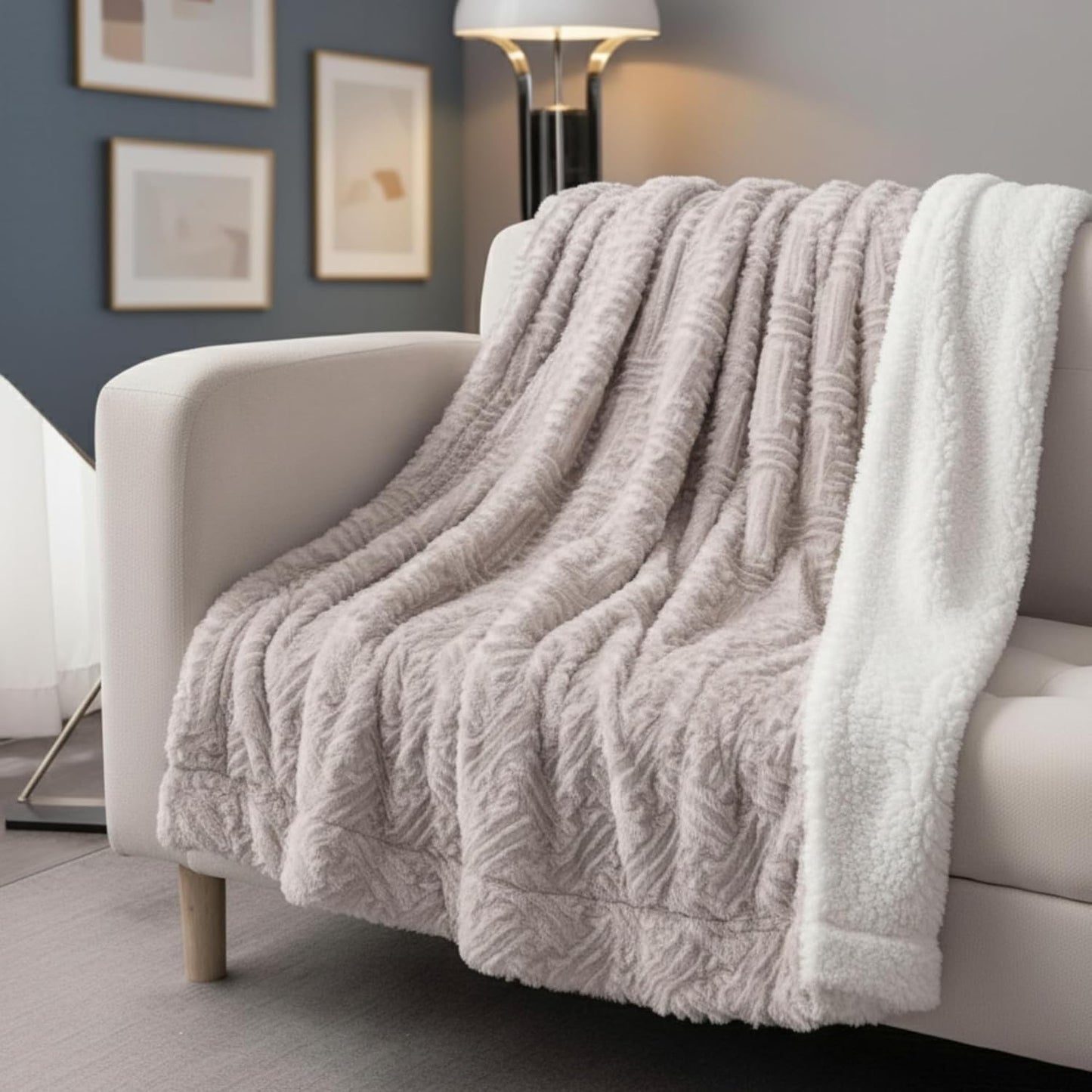 DaDa Bedding Faux Fur Throw Blanket - Farmhouse Lavender Grey, Geometric Embossed Design, Sherpa Backing, Ultra Soft & Warm - Large 63" x 90" Size