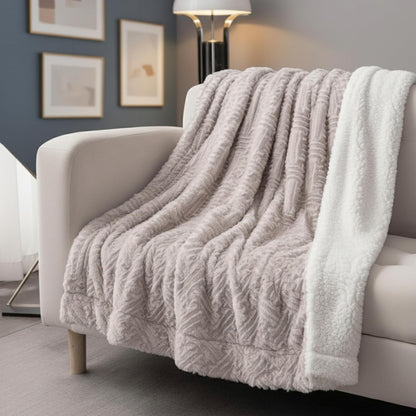 DaDa Bedding Faux Fur Throw Blanket - Farmhouse Lavender Grey, Geometric Embossed Design, Sherpa Backing, Ultra Soft & Warm - Large 63" x 90" Size