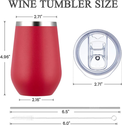 MEWAY Stemless 12oz Insulated Wine Tumbler with Lid and Straw - Double Wall Stainless Steel Thermal Cups for Hot and Cold Drinks, Bridal Shower Prizes for winners(Red,Set of 12)