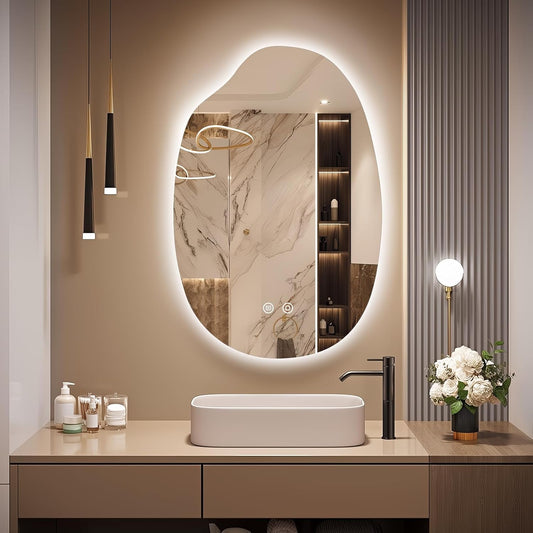 32"x22" Asymmetrical Led Mirror for Bathroom, Irregular Backlit Vanity Mirror with Lights, Frameless Smart Mirror, 3 Colors Stepless Dimmable, Anti-Fog, Memory, CRI95+, Horizontal/Vertical