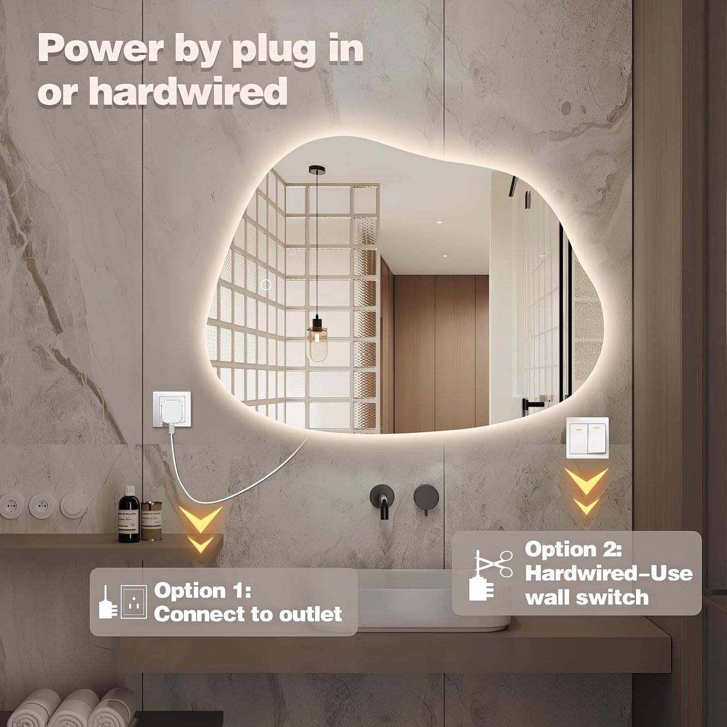 Irregular LED Bathroom Mirror with Lights, 32"x24" Anti Fog Frameless Led Bathroom Vanity Mirror, Stepless Dimmable Backlit Mirror for Bathroom Bedroom Living Room, Horizontal/Vertical