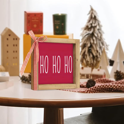 Wooden Ho Ho Ho Sign, 6" Red Christmas Santa Hohoho Decor, Xmas Holiday Decorative Signage Indoor Table Tiered Tray Wall Art Desk Shelf Mantel Bathroom Rustic Farmhouse Decorations for Home