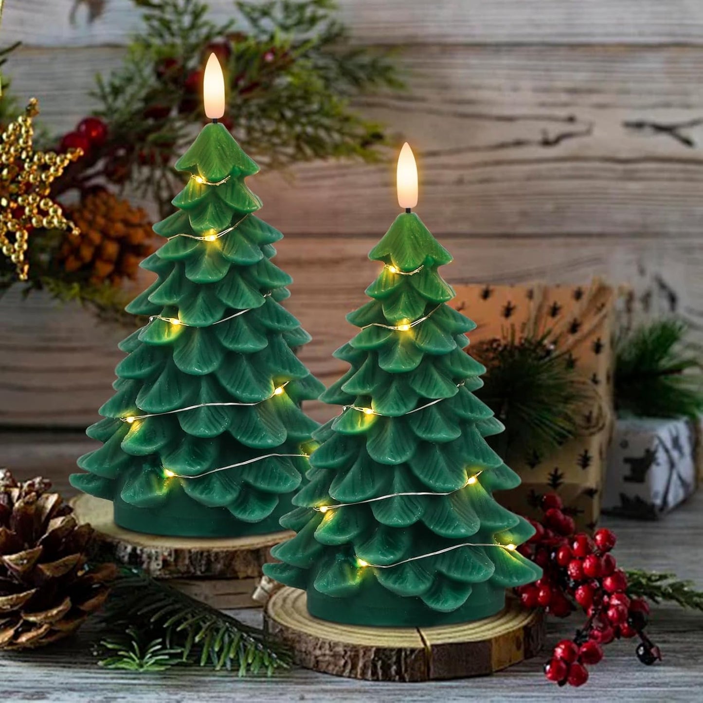 Wondise Christmas Tree Flameless Candles with String Lights 11-Key Remote and Timer, Real Wax Battery Operated 3D Wick LED Flickering Candles for Christmas Holiday Indoor Dinner Decor(3" x 7.1")