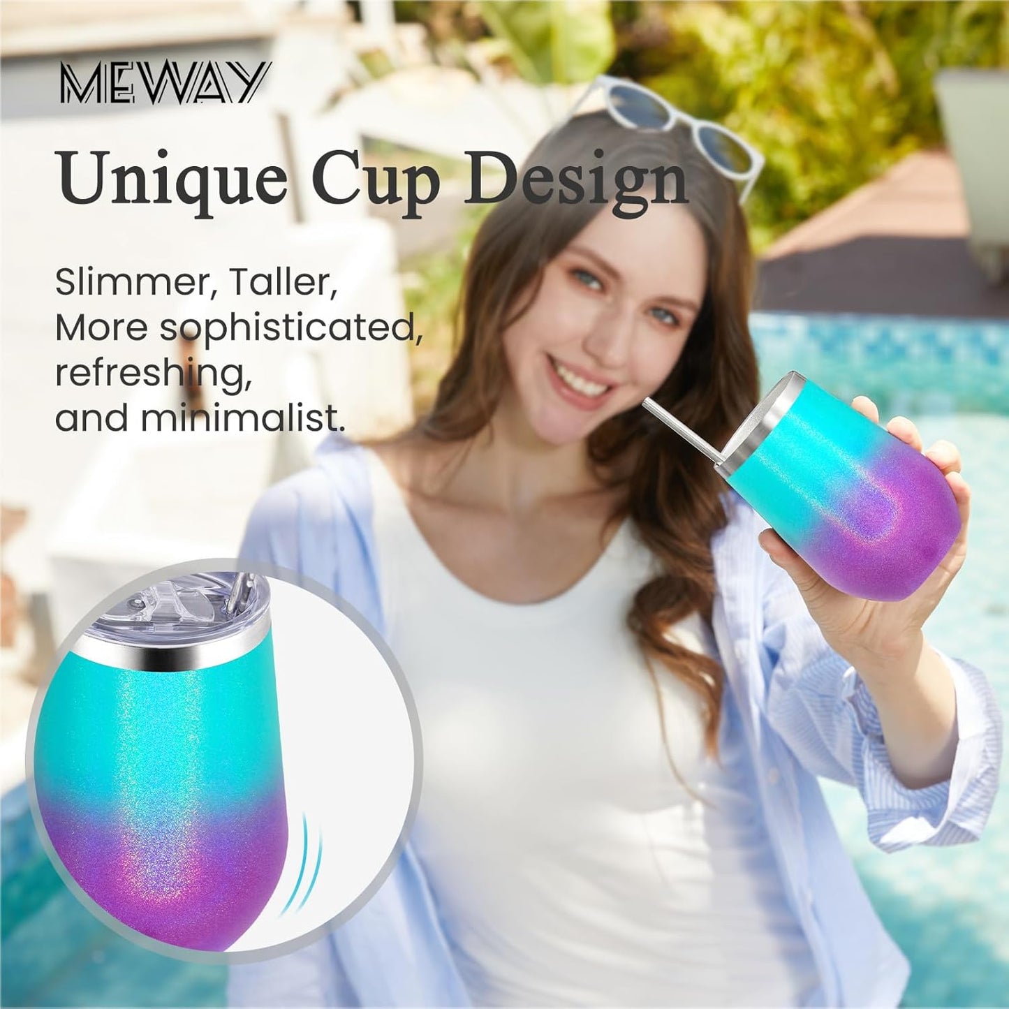 MEWAY Stemless 12oz Insulated Wine Tumbler with Lid and Straw - Double Wall Stainless Steel Thermal Cup for Hot and Cold Drinks, Travel wine glass, Bridal and Baby Shower Game Prizes(Glitter Aurora,1)