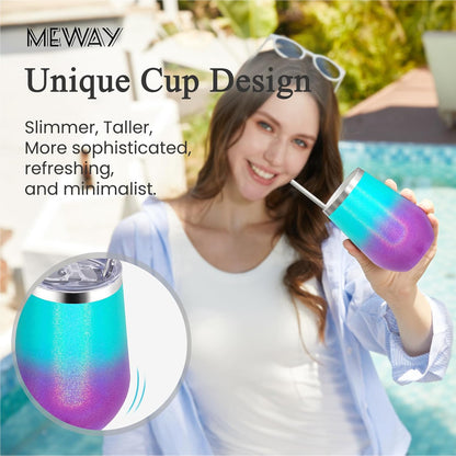 MEWAY Stemless 12oz Insulated Wine Tumbler with Lid and Straw - Double Wall Stainless Steel Thermal Cup for Hot and Cold Drinks, Travel wine glass, Bridal and Baby Shower Game Prizes(Glitter Aurora,1)