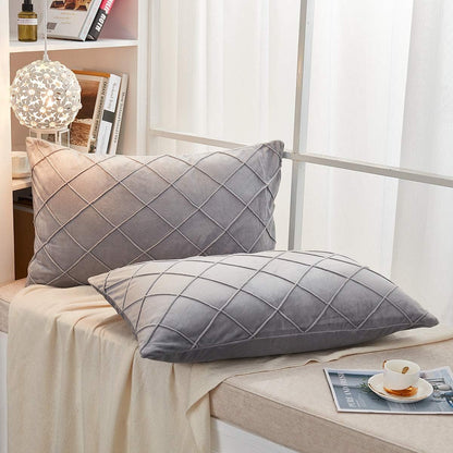 JAUXIO Diamond Pinch Pleated Crystal Velvet Pillowcases 2 Pack Solid Pintuck Throw Cushion Cover for Home Decor Hidden Zipper Closure (Light Grey, King)