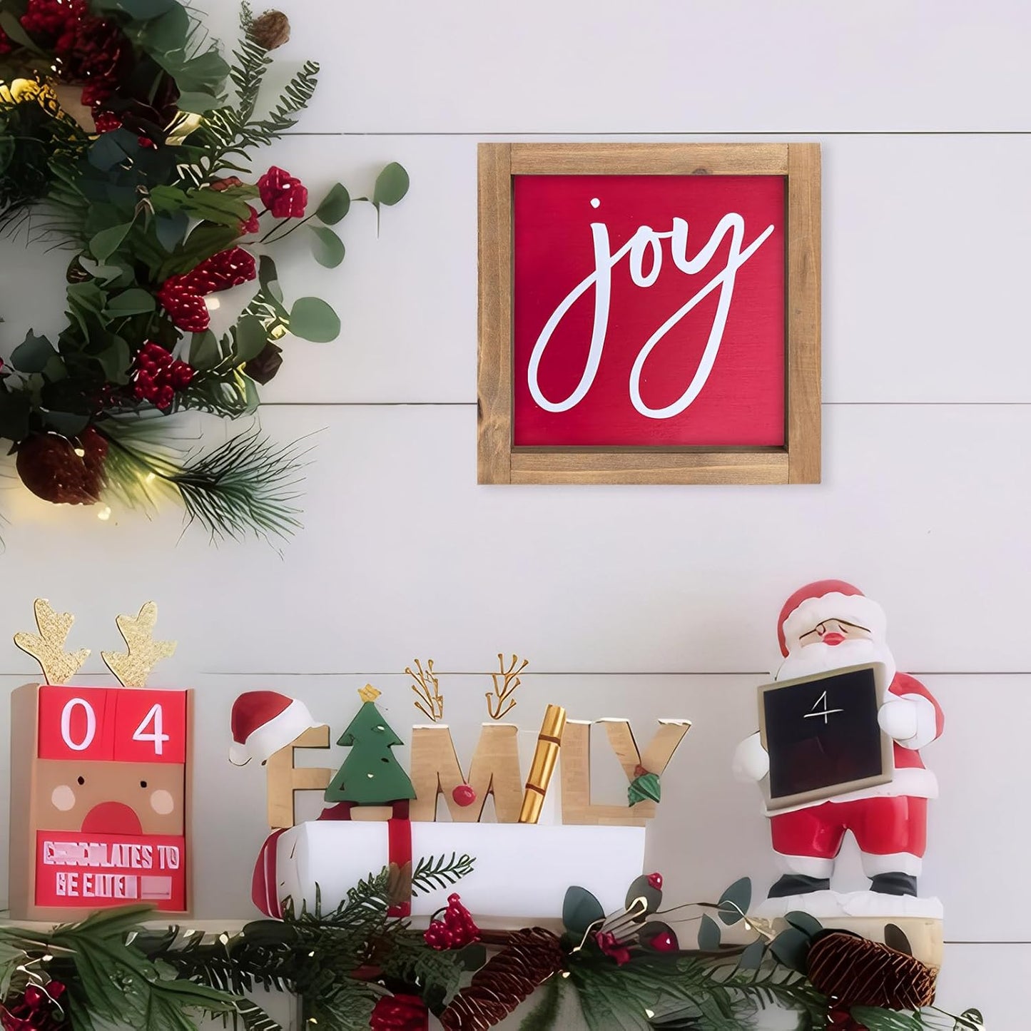 Wooden Joy Sign, 6 Inch Red Christmas Decorative Signage Plaque Decor, Xmas Holiday Indoor Table Shelf Desk Mantel Tiered Tray Wall Art Bathroom Rustic Farmhouse Decorations for Home Office