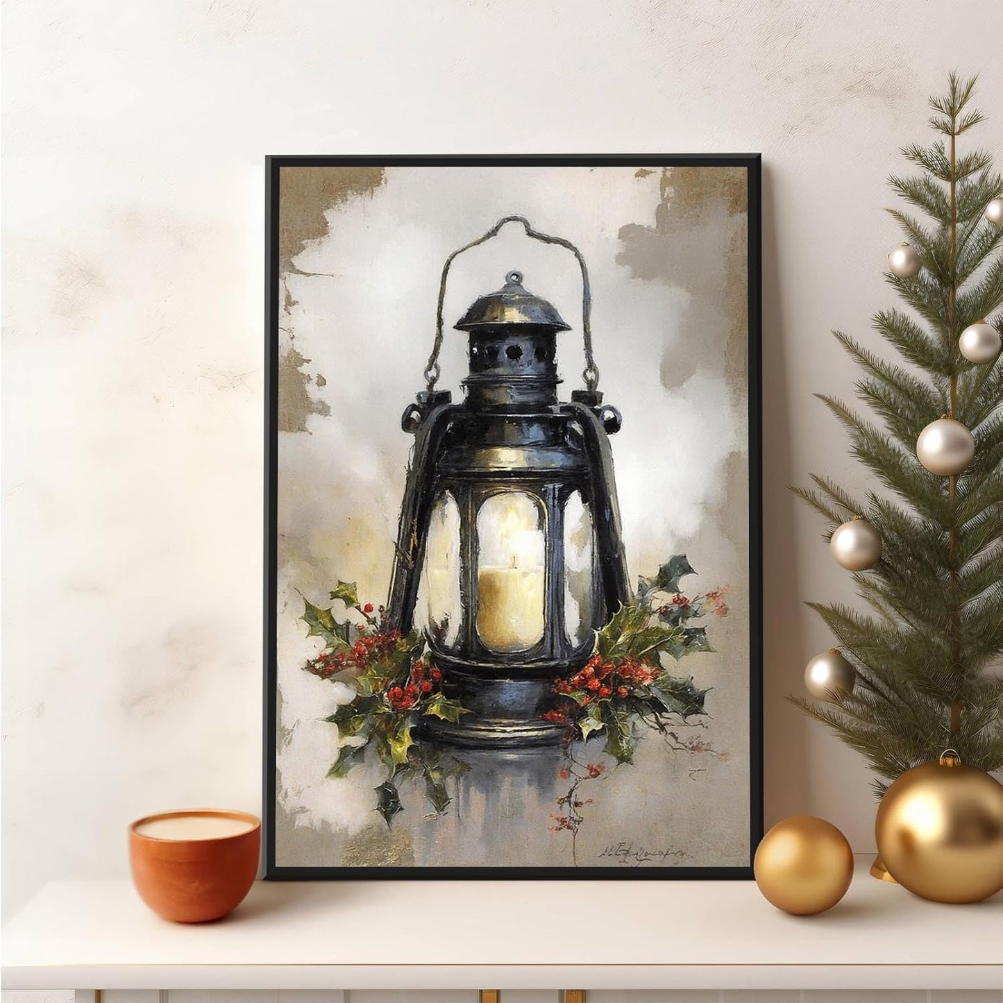 MVJGCM Vintage style Christmas art poster canvas print Christmas old fashioned lanterns country wall decoration poster suitable for farmhouse living room
