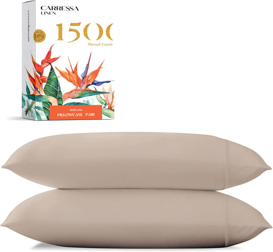 Carressa Linen 100% Egyptian Cotton Pillow Cases Standard/Queen Size Set of 2 - Luxury 1500 Thread Count Sateen Taupe Pillow Cases, Soft Cotton Pillowcases Fits Standard & Queen Pillows