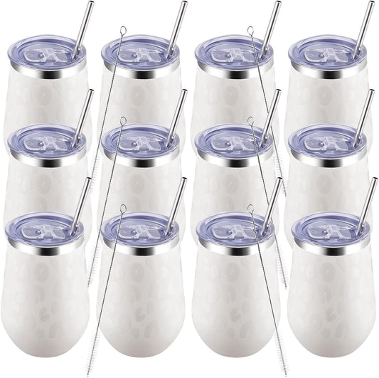 MEWAY 12oz Insulated Wine Tumbler Bulk, Double Wall Vacuum Stainless Steel Travel Tumbler with Straw,12 pack of wine tumbler(Almond Leopard,Set of 12)