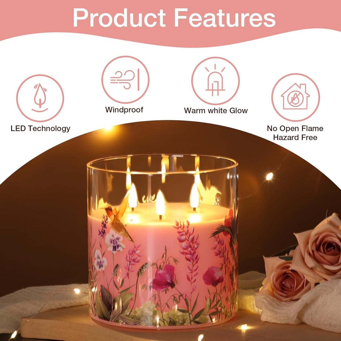 Eywamage 3 Wick Flameless Candle with Remote, Pink Hummingbird Floral Glass LED Candle, Large Battery Pillar Candle Φ 6" H 6"