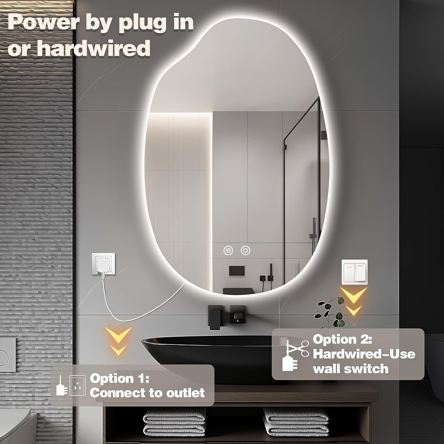 38"x26" Asymmetrical Led Mirror for Bathroom, Irregular Backlit Vanity Mirror with Lights, Frameless Smart Mirror, 3 Colors Stepless Dimmable, Anti-Fog, Memory, CRI95+, Horizontal/Vertical