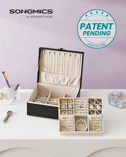 SONGMICS 2-Layer Jewelry Box, Jewelry Organizer with Handle, Removable Jewelry Tray, Jewelry Storage, Floating Effect, 8.1 x 9.4 x 4.3 Inches, Gift Idea, Black UJBC165B01