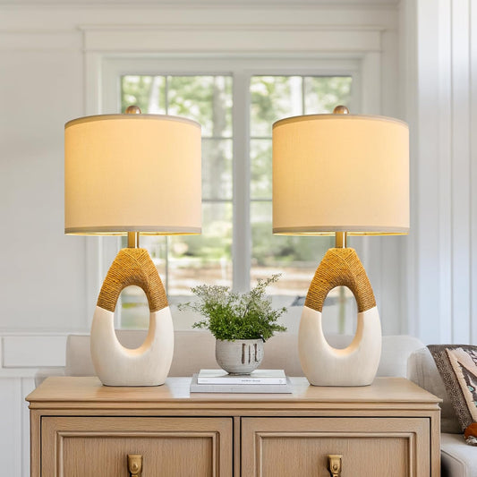 OYEARS 22” Boho Table Lamps for Bedroom Living Room Upgraded Set of 2 Medium Farmhouse Rattan Table Lamps, Rustic Home Decoration Nightstand Bedside Lamp for Office (Not Include Bulbs)