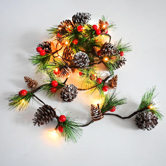 Christmas Garland Lights 6.56FT Holiday Prelit Garlands Pine Cone Garland with Red Berry Upgraded Battery Operated Garland with LED Lights Xmas Decor Lights for Outdoor Indoor Christmas