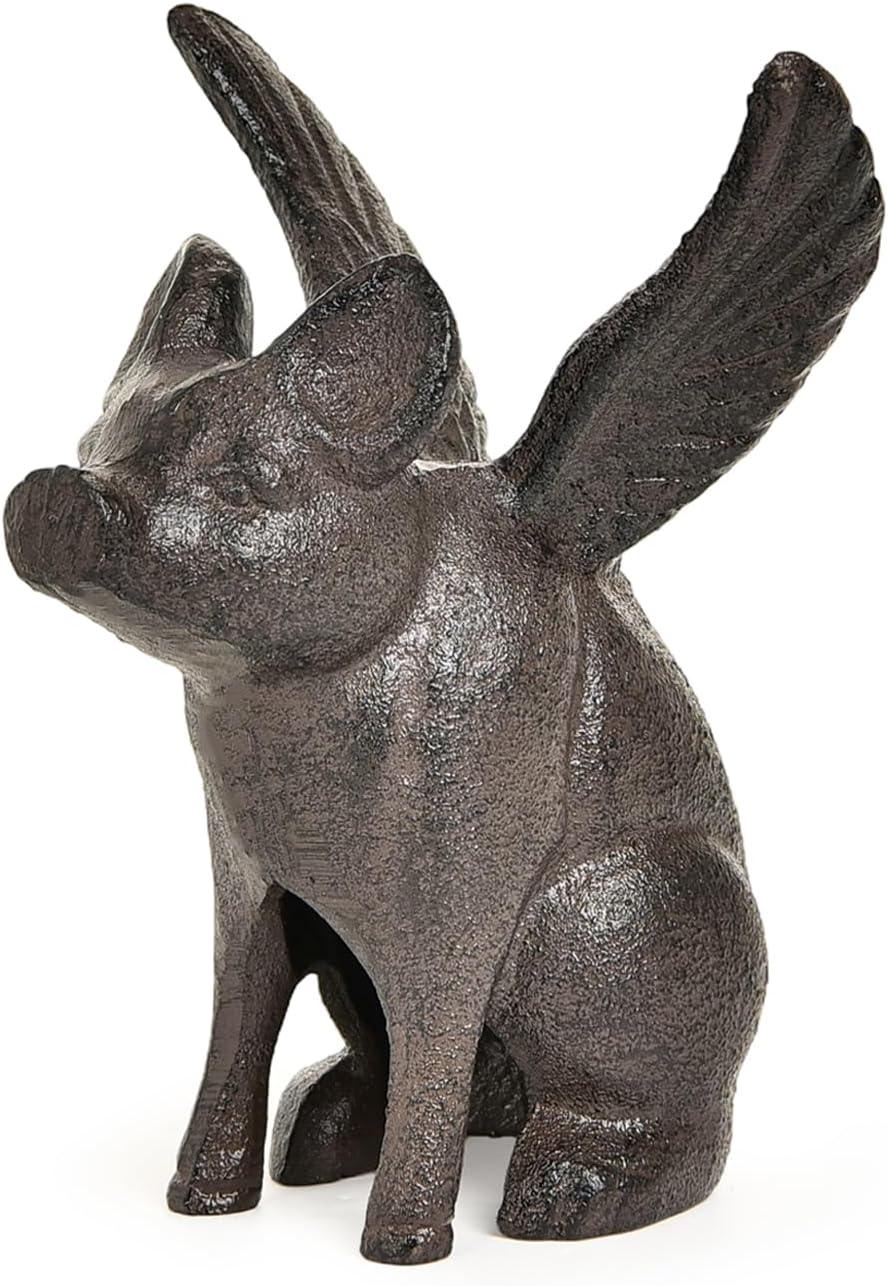 Sungmor Cast Iron Flying Pig Statue, Whimsical Sitting Pig Garden Decorative Statue, Rustic Black Brown Home Office Desk Paperweight Doorstop, Cute Collectible Figurine Bookshelf Ornament