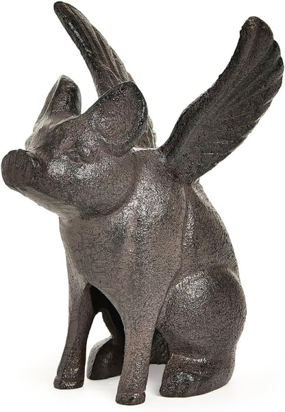 Sungmor Cast Iron Flying Pig Statue, Whimsical Sitting Pig Garden Decorative Statue, Rustic Black Brown Home Office Desk Paperweight Doorstop, Cute Collectible Figurine Bookshelf Ornament