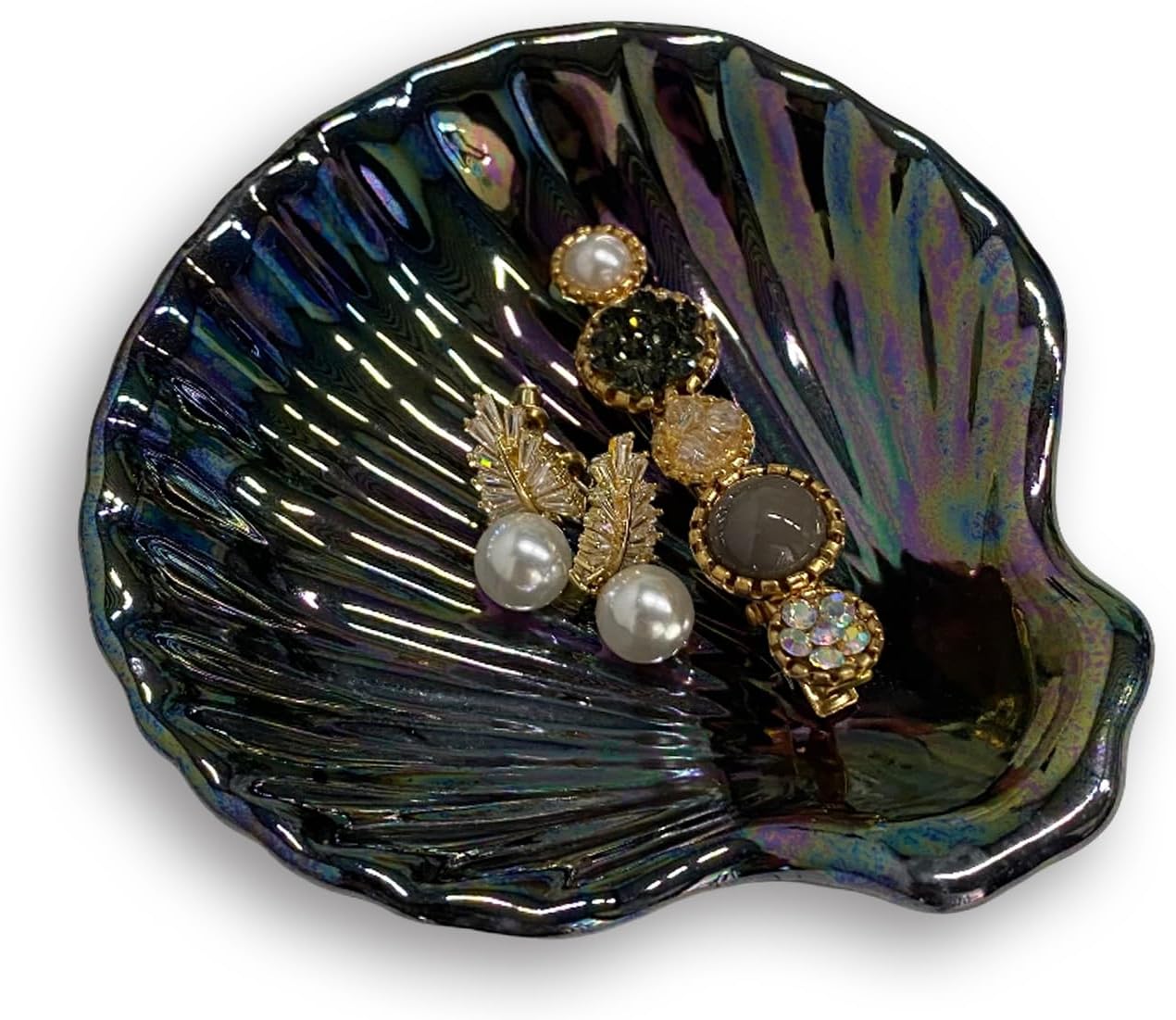 Shell Jewelry Dish Tray, Ceramic Trinket Tray Clamshell Jewelry Storage Dish, Ring Holder Dish Key Bowl, Decorative Jewelry Plate, Cute Jewelry Organizer for Room Decor (Multicolor Black)