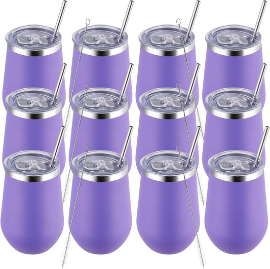 MEWAY 12oz Stainless Steel Wine Tumbler with Lid and Straw - Double Wall Stainless Steel Coffee Mug, Gift for Woman Under 10 dollars， 12 Pack Bulk tumblers(Purple,Set of 12)
