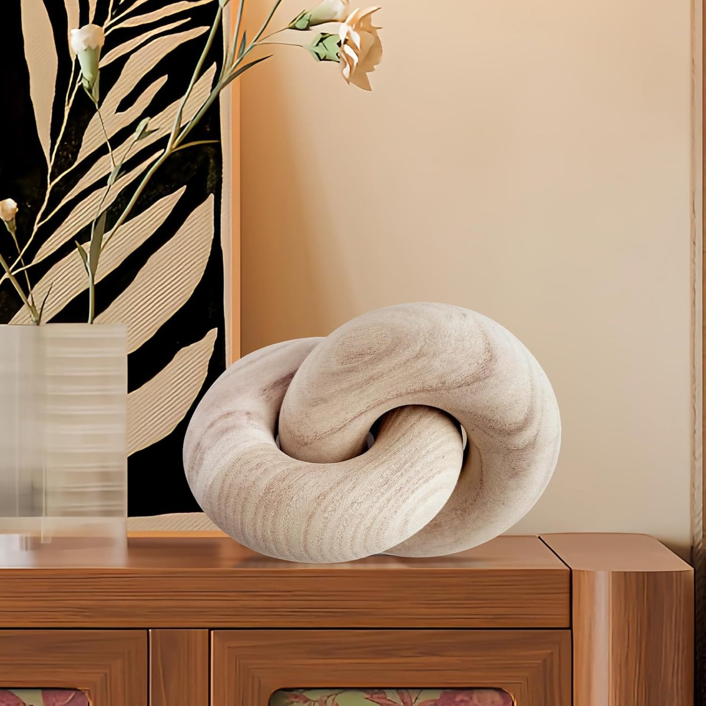 2 Link Decorative Wooden Chain with 58in Bread Decor,Boho Farmhouse Rustic Living Room Décor, Wood Chain Knot Decor for Coffee Table (Beige)