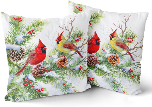 Giwawa Winter Birds Pillow Covers Set of 2 18x18 Inch Christmas Trees Holly Berry Pine Cones Xmas Snow Scene Square Cushion Cases Double Sided for Sofa Patio Porch Holiday Bed Decor