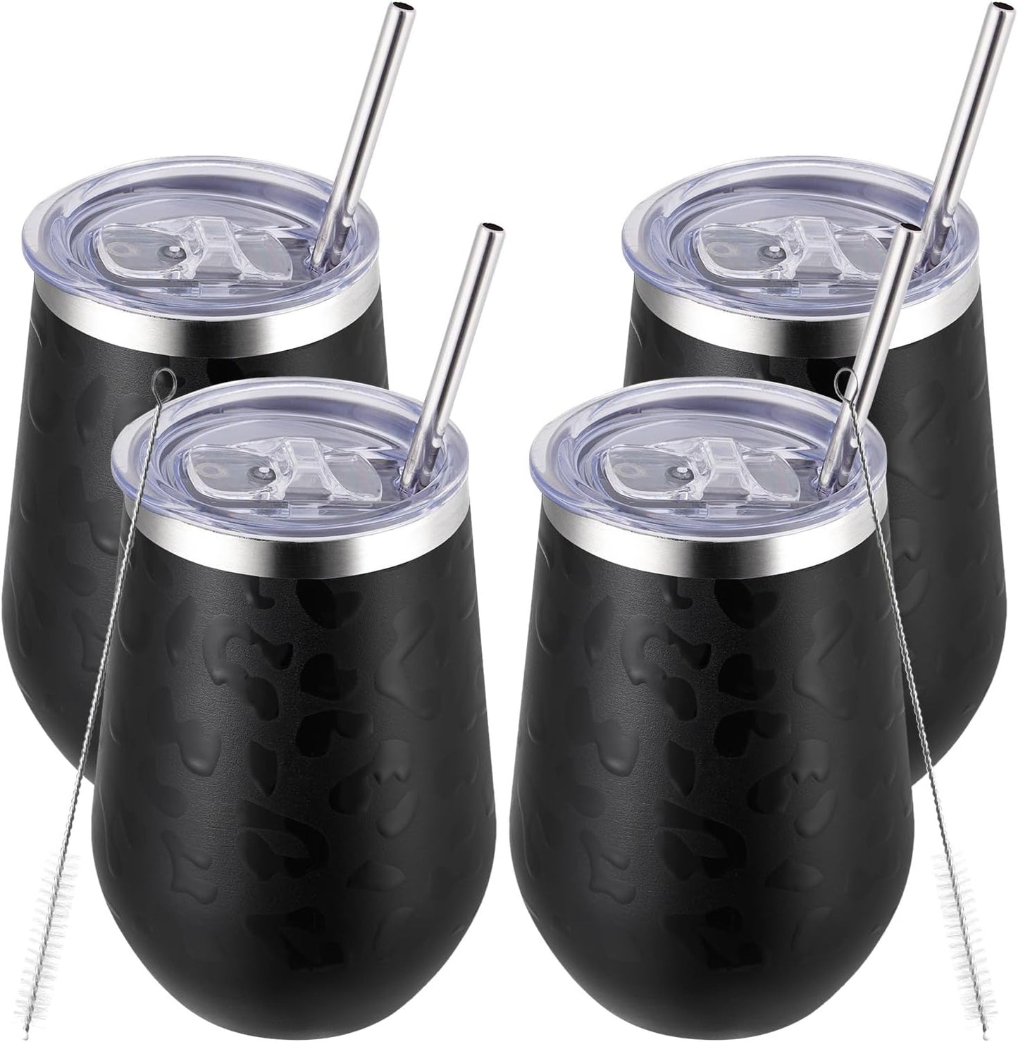 MEWAY 12oz Insulated Wine Tumbler with Press-In Lid, Double Wall Vacuum Stainless Steel Travel Tumbler with Straw, for Coffee and Drinks, Gift for Woman Under 10 dollars(Black Leopard,Set of 4)