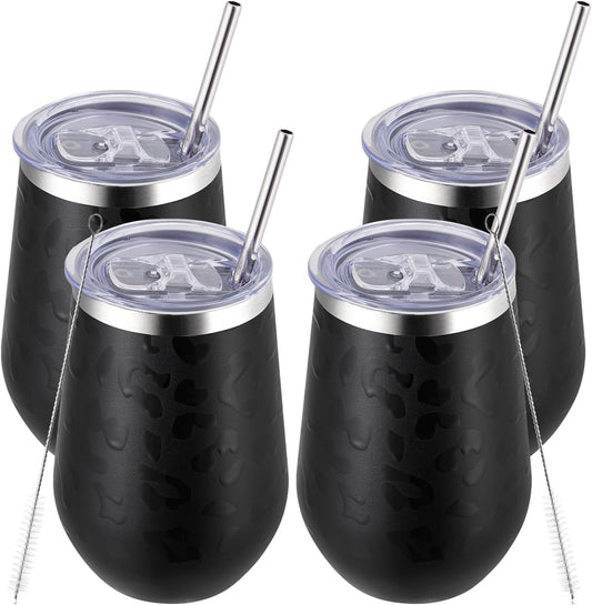 MEWAY 12oz Insulated Wine Tumbler with Press-In Lid, Double Wall Vacuum Stainless Steel Travel Tumbler with Straw, for Coffee and Drinks, Gift for Woman Under 10 dollars(Black Leopard,Set of 4)