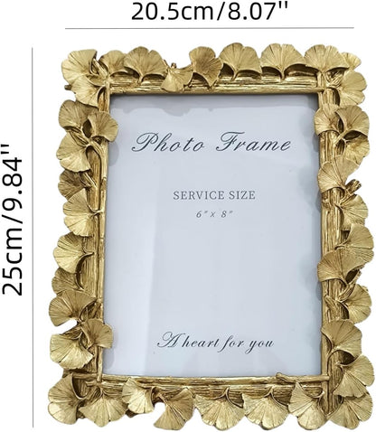 LONG XIN 1PCS 6x8 Inch Vintage Photo Frame Resin Picture Frame Ginkgo Leaves Decoration Photo Frame Stand Holder for Home Decor Old Fashioned Gorgeous Photo Gallery Art Decor (Vintage Gold）