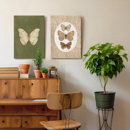 Framed Butterfly Wall Art 2Pcs,Vintage Classic Prints, Nature Butterfly Canvas Painting,Rustic Beige and Dark Moody Green Poster Boho Wall Decor for Living Room, Bedroom,Gallery Home Decor 12x16IN