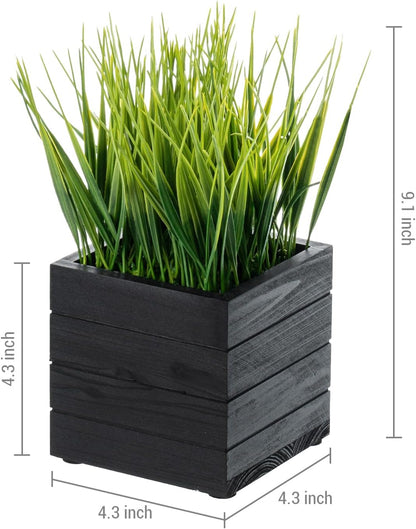 MyGift Artificial Green Grass Plants in Vintage Black Wood 4 Inch Planter Boxes, Faux Greenery in Decorative Square Crate Style Wooden Containers, Set of 3