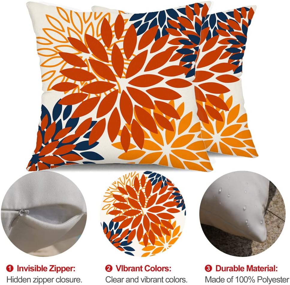 DFXSZ Orange Blue Flower Pillow Covers 18x18 Inch Set of 2 Fall Throw Pillows Outdoor Waterproof Decor for Living Room Sofa Patio Funiture Garden Floral Polyester Pillow Covers 012C18