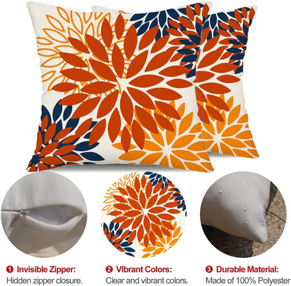 DFXSZ Orange Blue Flower Pillow Covers 18x18 Inch Set of 2 Fall Throw Pillows Outdoor Waterproof Decor for Living Room Sofa Patio Funiture Garden Floral Polyester Pillow Covers 012C18