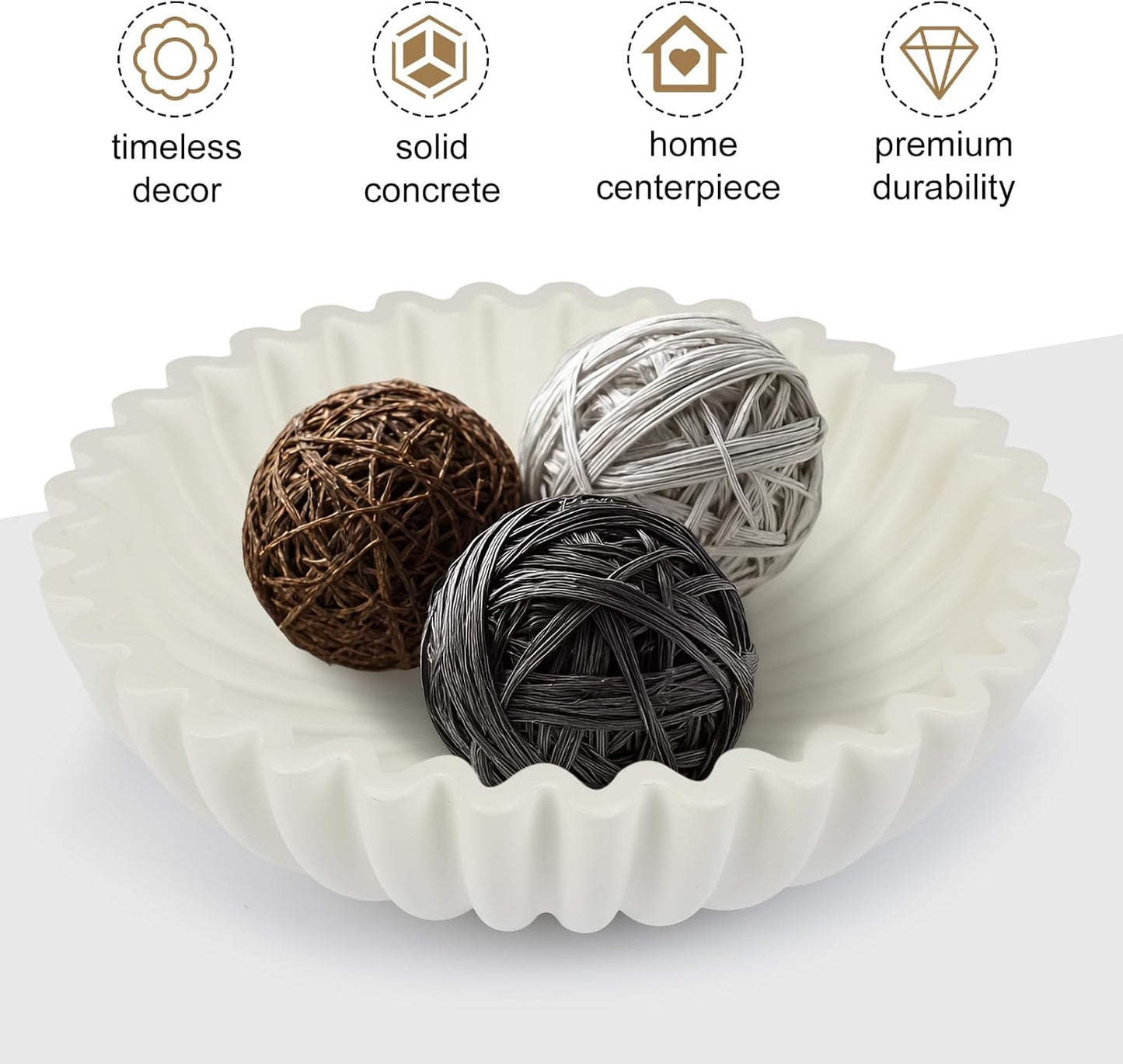 Large Decorative Bowl for Home Decor - Centerpiece for Coffee Table,Dining Table,Kitchen, Entryway Key bowl & Fruit Display - Modern Concrete Stone Design (White)