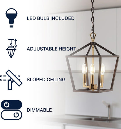 JONATHAN Y JYL7601D Pagoda 10" 3-Light Iron Classic Modern Lantern Bohemian, Cottage, Farmhouse, Rustic, Transitional LED Pendant, Oil Rubbed Bronze/Brass Gold