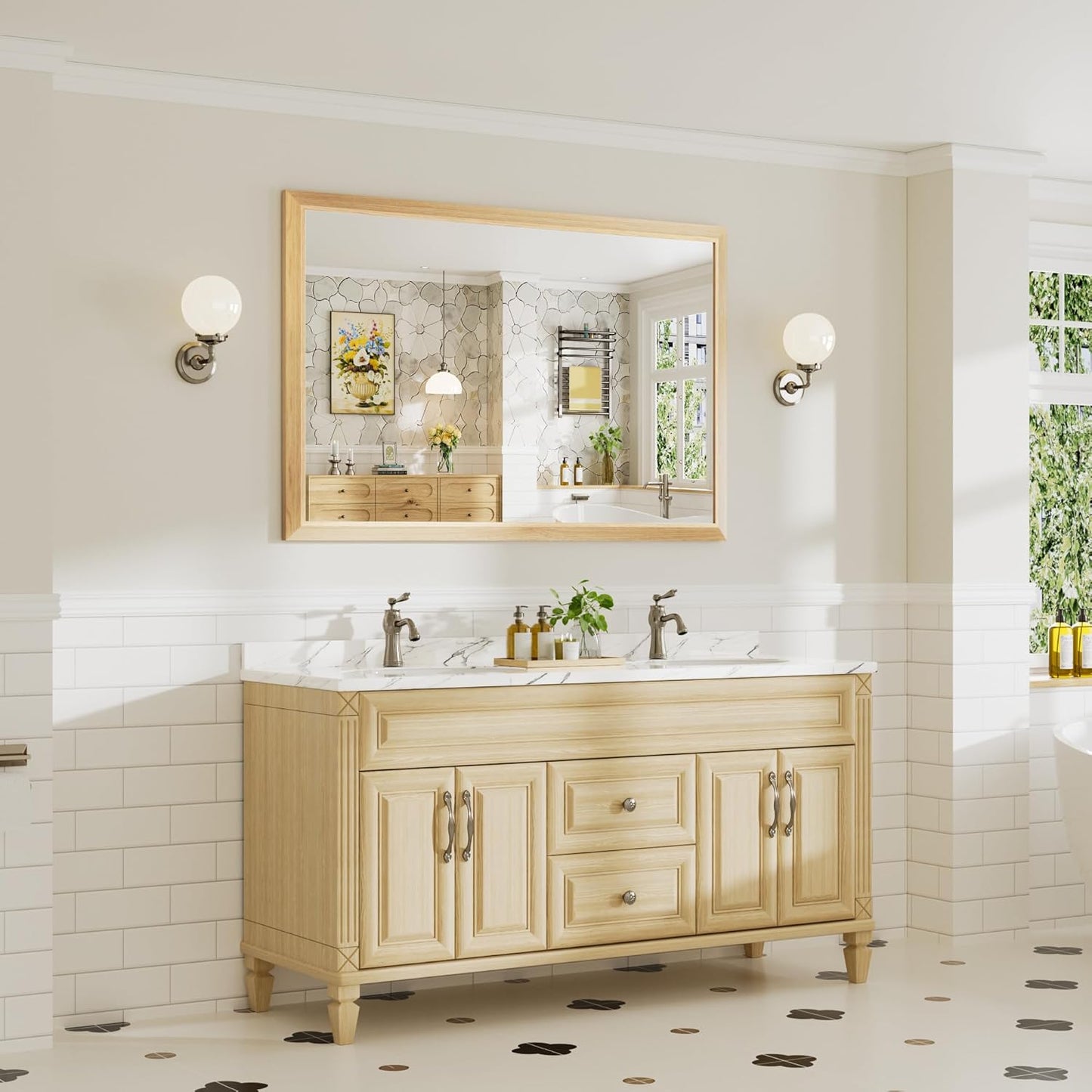 55x36 Inch Bathroom Mirror for Wall, Anti-Rust Oak Wood Grain Metal Framed Bathroom Mirrors for Over Sink,Rectangler Mirrors for Bathroom Vanity, Farmhouse, Bedroom, Living Room, Entryway Decor