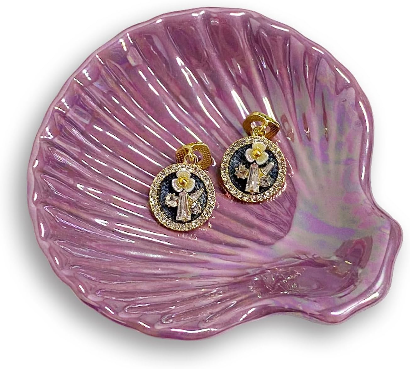 Shell Jewelry Ring Holder Dish, Cute Room Decor Seashell Jewelry Dish Tray, Small Ceramic Jewelry Plate Bowl, Engagement Ring Dish Trinket Dish, Wedding Jewelry Tray, 3.9", Purple Iridescent Surface