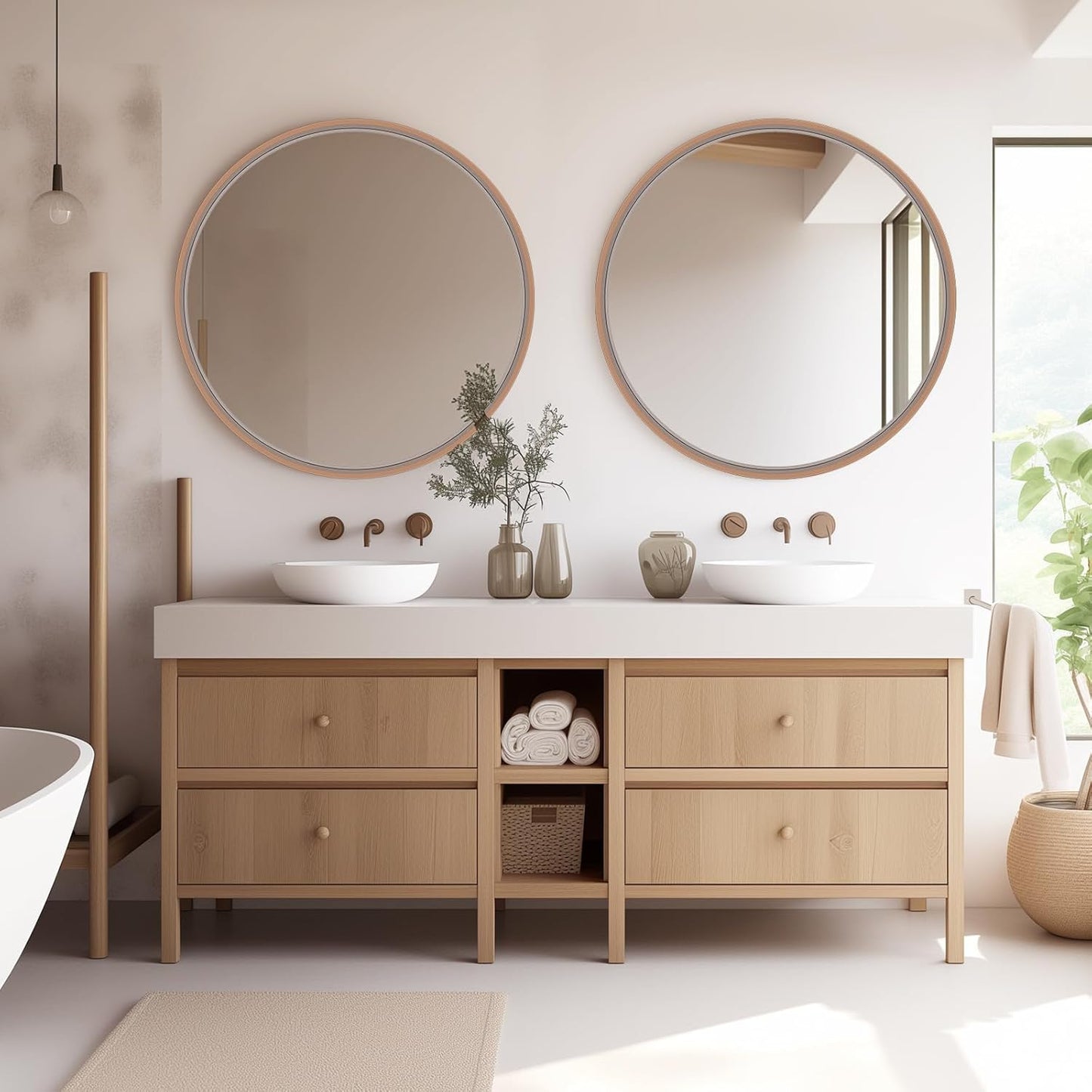 HOMECOOKIN Round Wood Mirror, 28" Round Bathroom Wall Mirror Circle Mirrors for Wall Decor, Vanity, Living Room, Bedroom, Entryway, Walnut