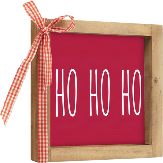 Wooden Ho Ho Ho Sign, 6" Red Christmas Santa Hohoho Decor, Xmas Holiday Decorative Signage Indoor Table Tiered Tray Wall Art Desk Shelf Mantel Bathroom Rustic Farmhouse Decorations for Home