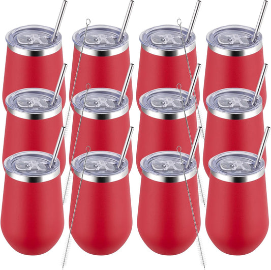 MEWAY Stemless 12oz Insulated Wine Tumbler with Lid and Straw - Double Wall Stainless Steel Thermal Cups for Hot and Cold Drinks, Bridal Shower Prizes for winners(Red,Set of 12)