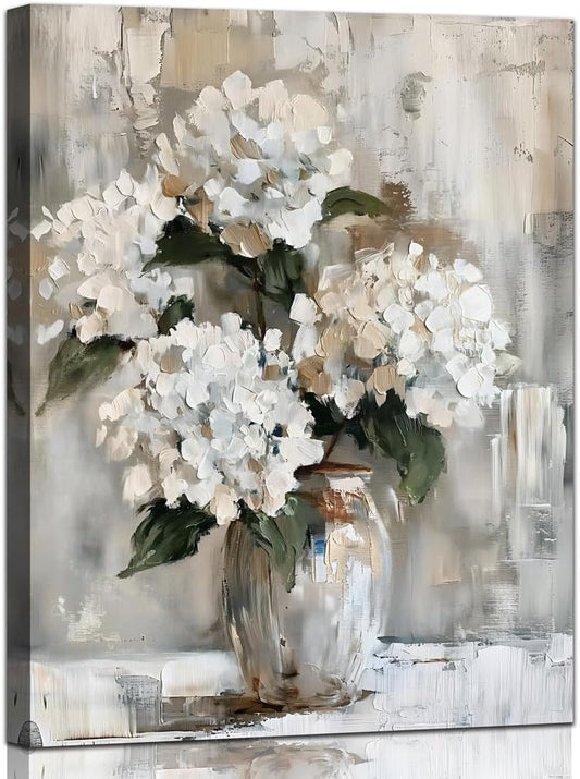 YRYWAWA White Hydrangea Bathroom Wall Art Canvas Print 12x15 Inches Retro Farmhouse Style Floral Artwork for Bedroom Living Room Office Decor