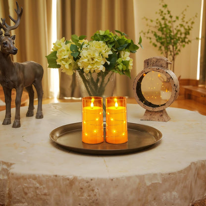 Homemory Flameless Candles with Embedded Star String Fairy Lights, Battery Operated Candles, LED Candle, Fake Candles with Remote Control and Timer, Orange, Set of 2(H 6" 6")