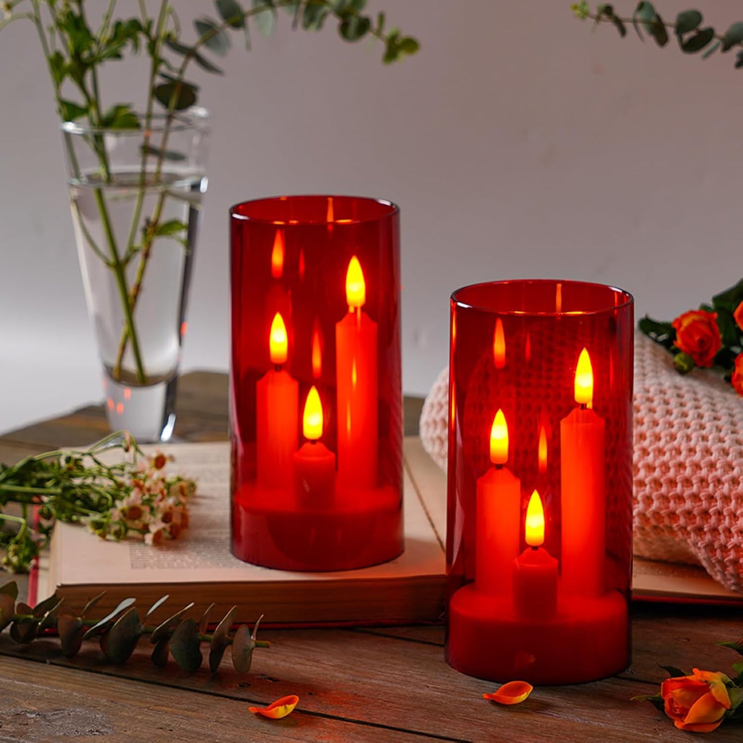 Da by Flameless Candle, Battery-Powered Candle with Remote Control and Timer, LED Three-Wick Pillar Candle, Romantic Wedding, Perfect Home Décor, 2 Pack (Red)