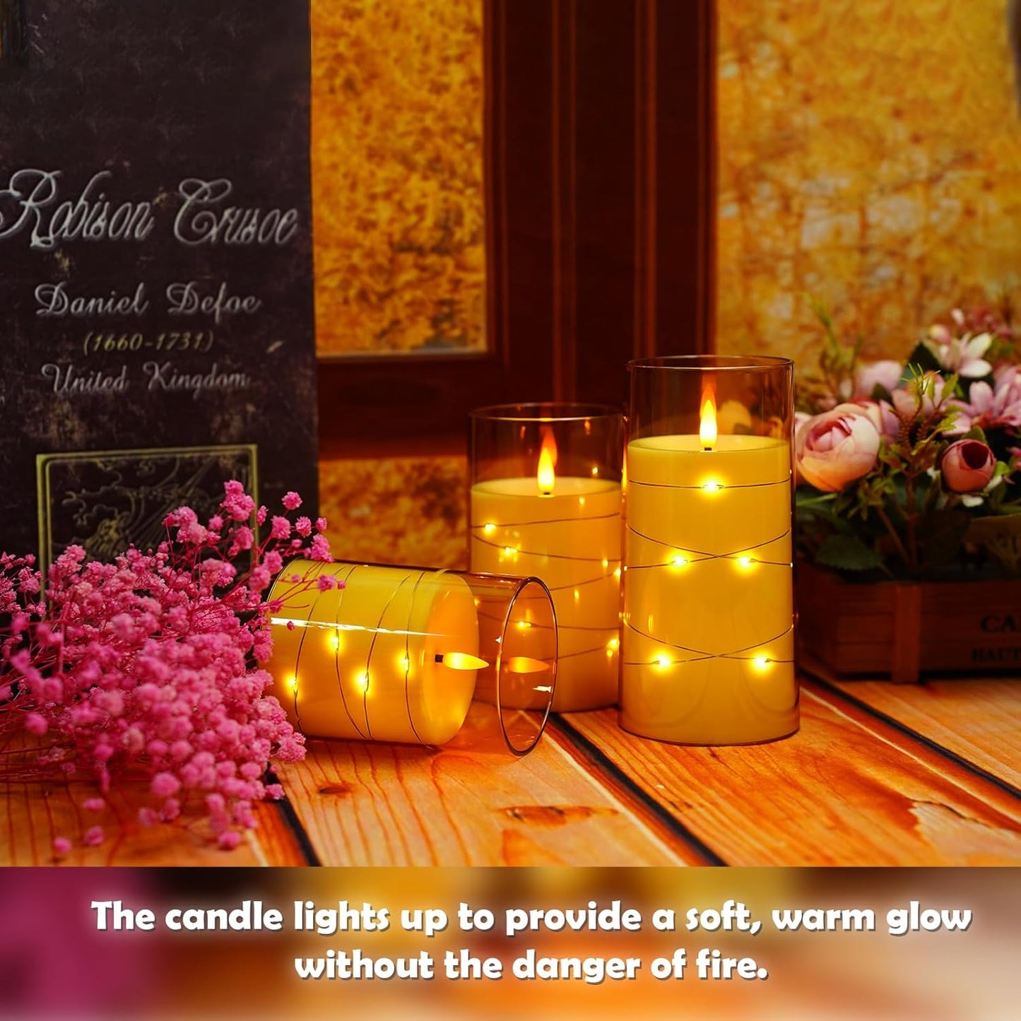 Flameless LED Candles with Timer 3 Pc Flickering Flameless Candles for Romantic Ambiance and Home Decoration Stable Acrylic Shell,with Embedded Star String，Battery Operated Candles（Gold）