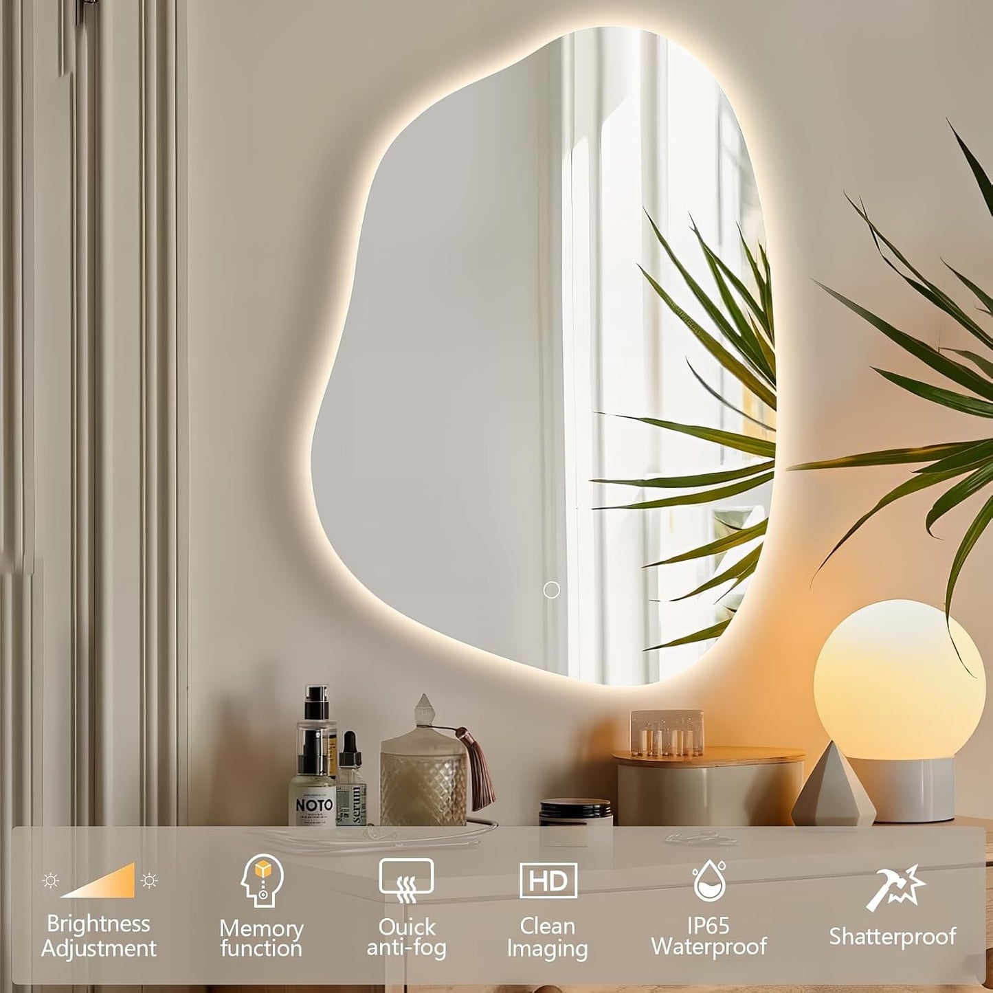 Irregular LED Bathroom Mirror with Lights, 32"x24" Anti Fog Frameless Led Bathroom Vanity Mirror, Stepless Dimmable Backlit Mirror for Bathroom Bedroom Living Room, Horizontal/Vertical