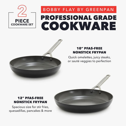 GreenPan x Bobby Flay 10” & 12” Ceramic Nonstick Frying Pan Set, PFAS-Free, Hard Anodized Cookware, Induction Compatible, Stainless Steel Handles, Oven & Broiler Safe to 600˚F, Dishwasher Safe, Black