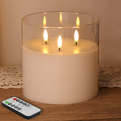 Eywamage 3 Wick Clear Glass Flameless Candle with Remote, Large Flickering LED Battery Pillar Candle Φ 6" H 6"