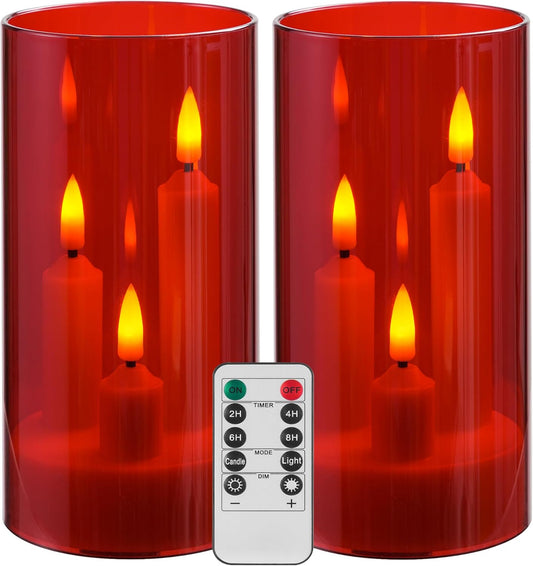 Da by Flameless Candle, Battery-Powered Candle with Remote Control and Timer, LED Three-Wick Pillar Candle, Romantic Wedding, Perfect Home Décor, 2 Pack (Red)