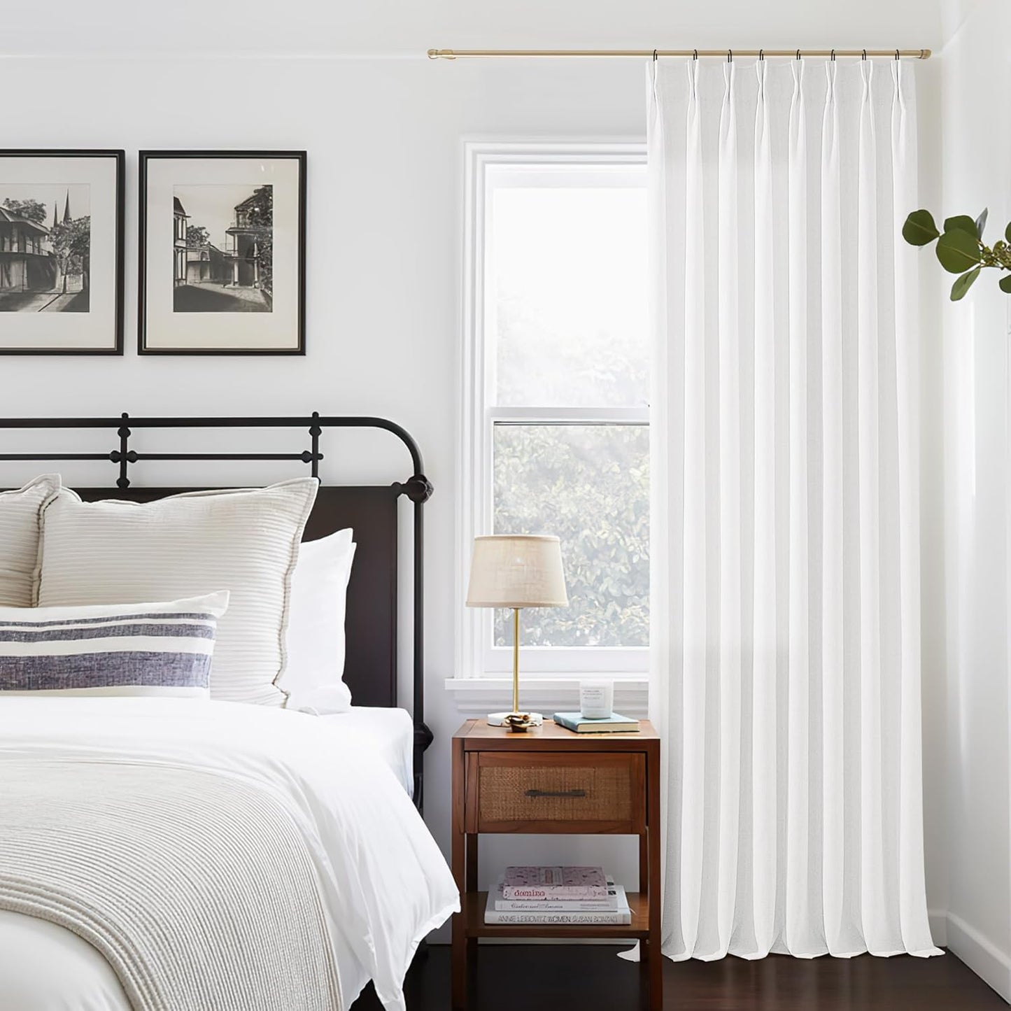 Snow White Pinch Pleated Linen Curtains 102 Inches Long 50 Inch Width for Living Room Bedroom Memory Shape Trained Semi Sheer Pleat Drapes Hooks Rings Light Filtering 102 Inch Window Curtain 1 Panel