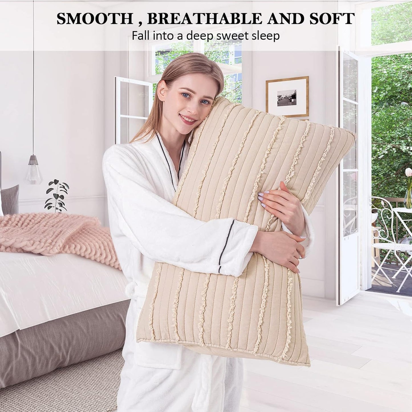 BOSOWOS Standard Size Pillow Shams Set of 2, Ultra Soft Breathable 20 x 26 Inches Pillow Case Envelope Closure, Microfiber Boho Farmhouse Pillowcases for Easy Care, Khaki