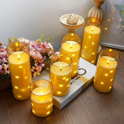 Lezonic 6Pcs Flameless LED Candles with Remote Timer, Acrylic Battery Operated Candles Flickering with Embedded String Lights, for Wedding Centerpiece, 3 x 456688 inches(Gold)